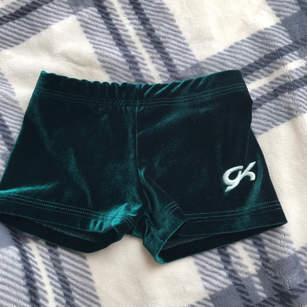 GK Elite CM Forest Green velour gymnastics shorts
